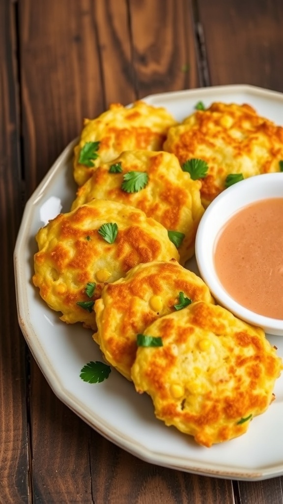 Crispy corn fritters served on a plate with herbs and dipping sauce.